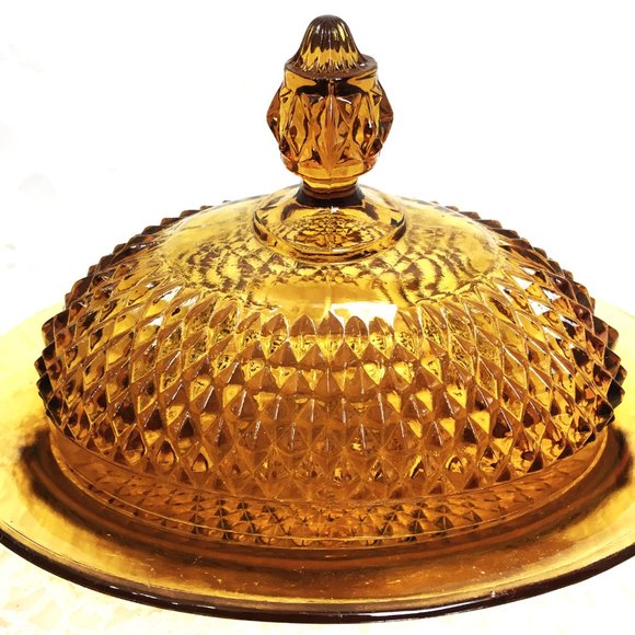 Indiana Glass Amber Diamond Point 70's  Oval Covered Butter Dish Vtg - Picture 2 of 12